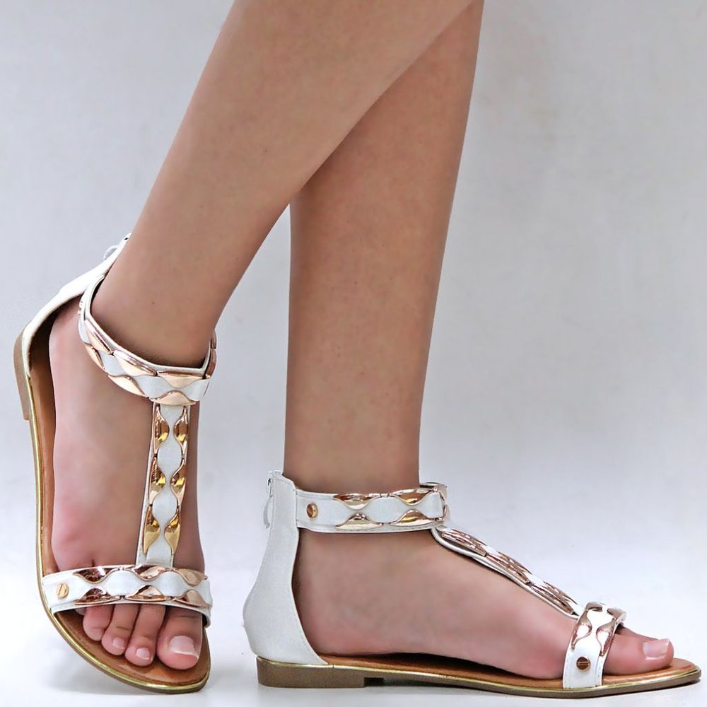 New White Gold T-Strap Gladiator Flat Sandals